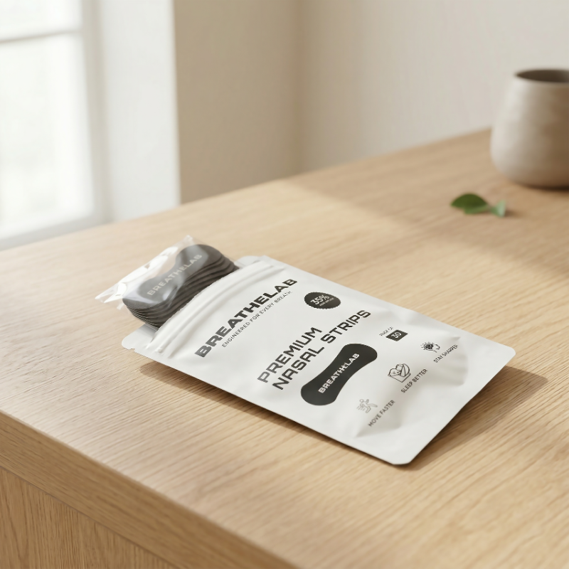 Nasal Strips for Sleep by Breathelab in a premium package on a wooden surface.