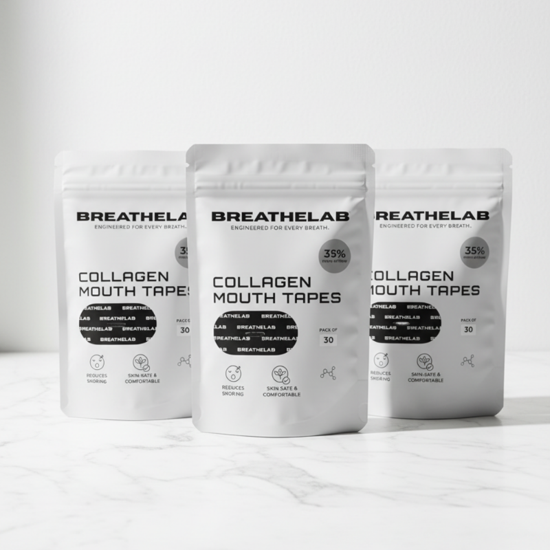 Mouth Tape for Sleep by Breathelab, featuring a pack of 30 Collagen Mouth Tapes for better breathing and deeper rest.
