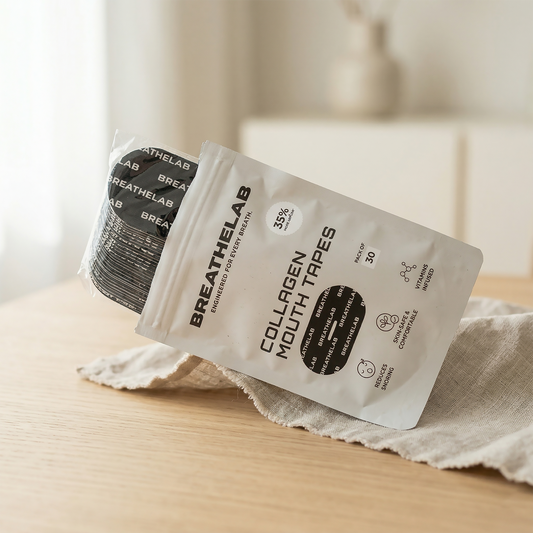 Mouth Tape for Sleep product packaging from Breathelab featuring 30 Collagen Mouth Tapes on a wooden surface.