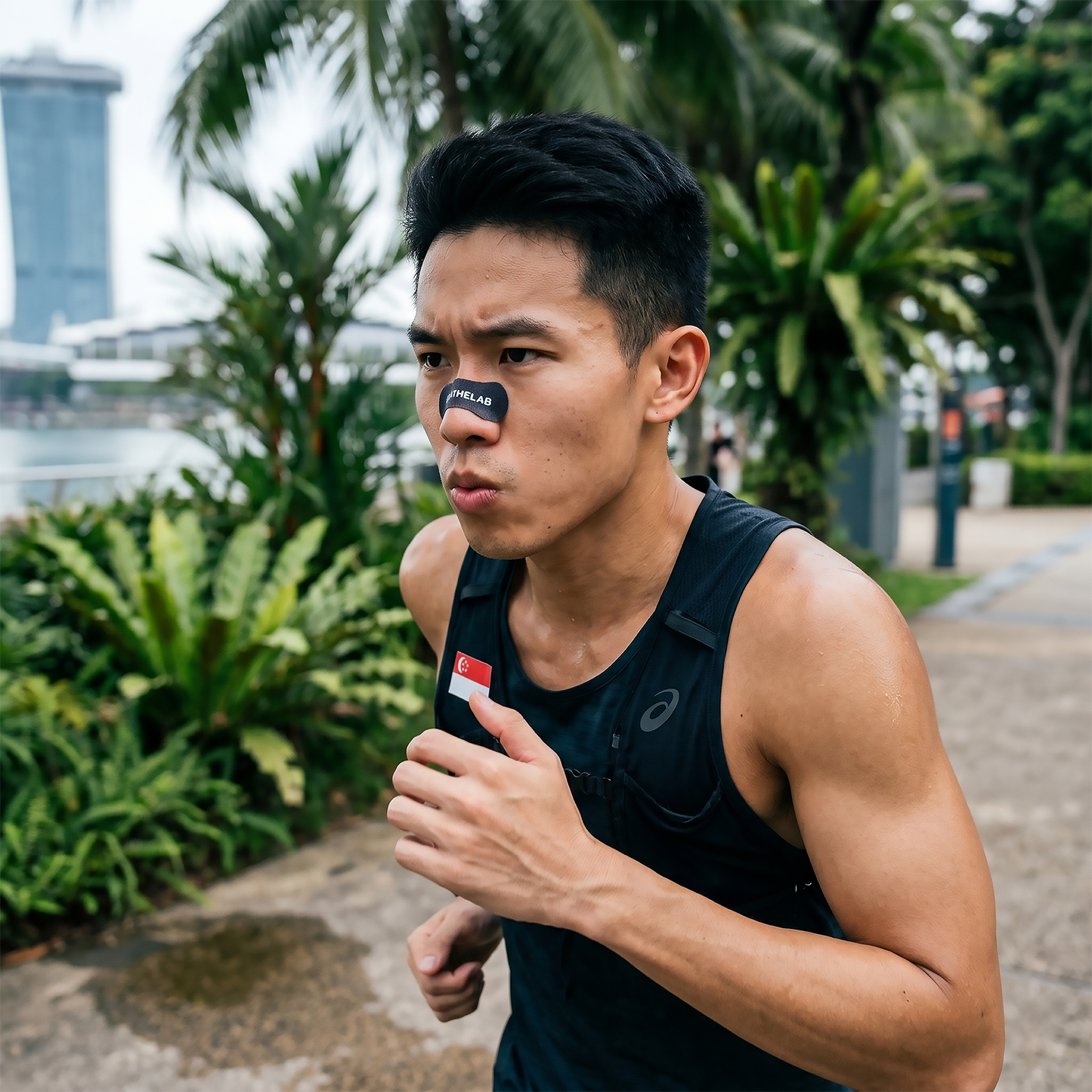 Man running outdoors wearing Nasal Strips for Sleep for improved breathing and performance.