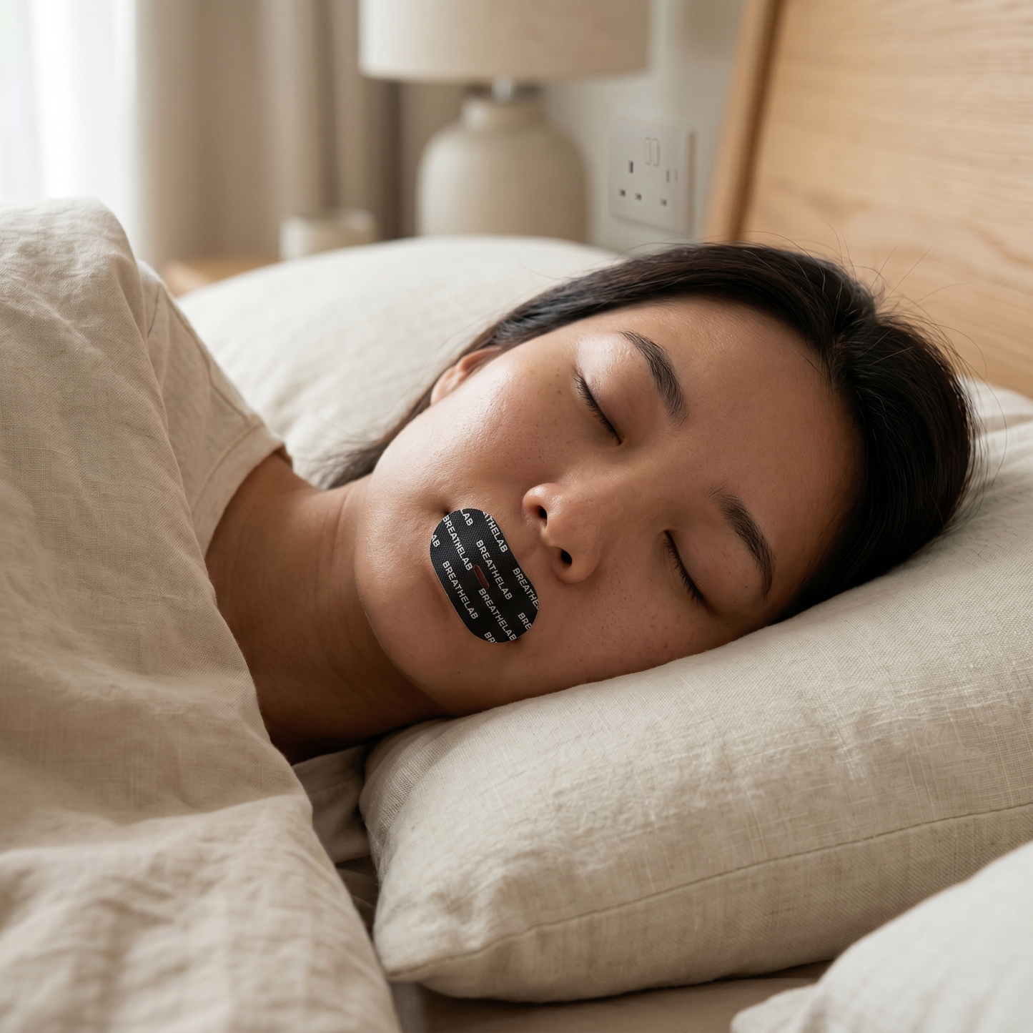 Woman sleeping with Mouth Tape for Sleep applied, promoting better breathing and deeper rest during the night.