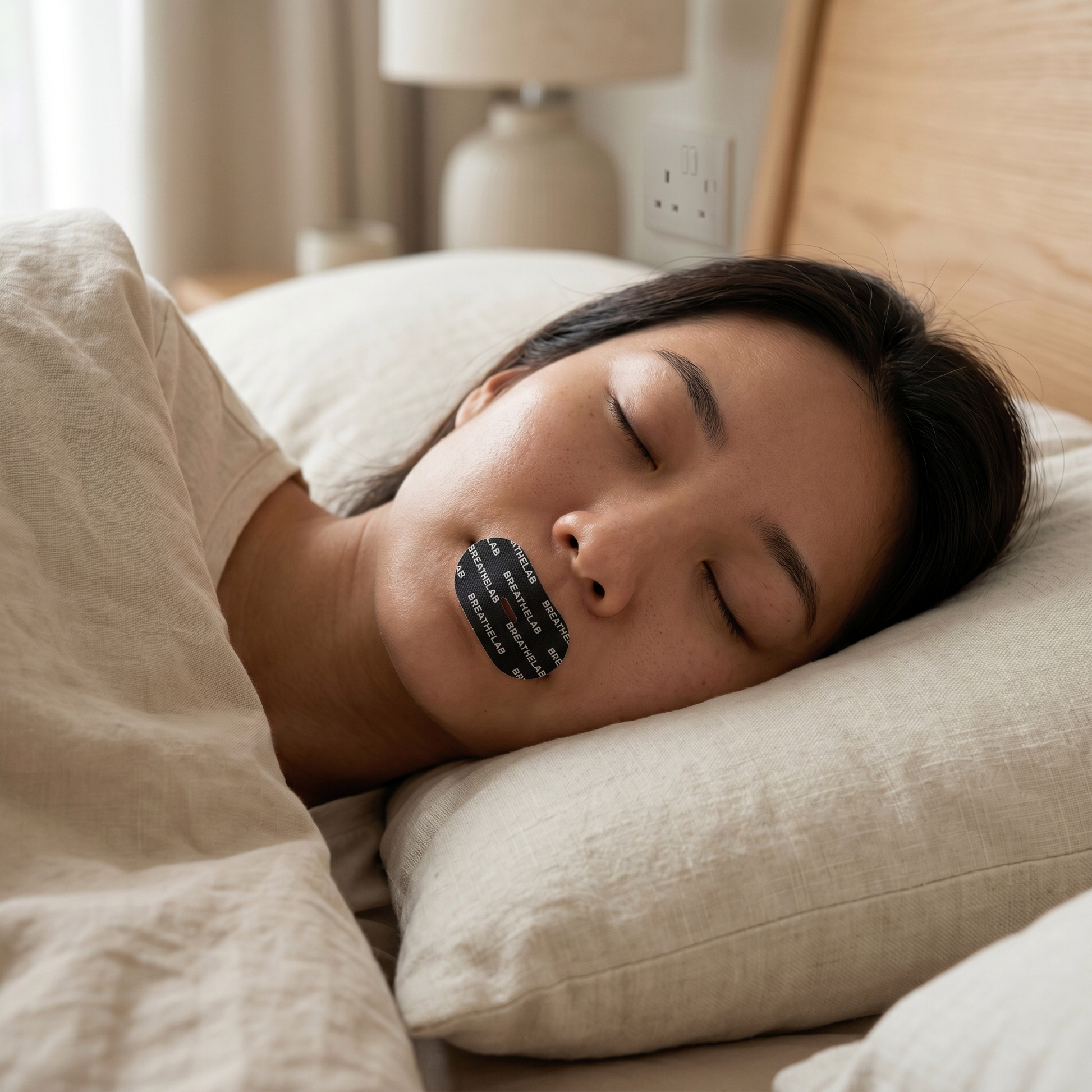Woman sleeping with Mouth Tape for Sleep applied, promoting better breathing and deeper rest during the night.