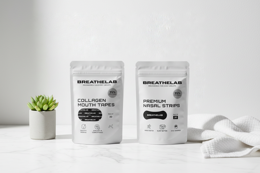 BreatheLab Collagen Mouth Tapes and Premium Nasal Strips showcasing Mouth Tape & Nasal Strips for better sleep and recovery.
